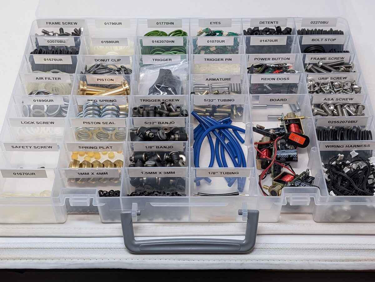 My own labeled parts inventory — organized down to the individual screw and o-ring size