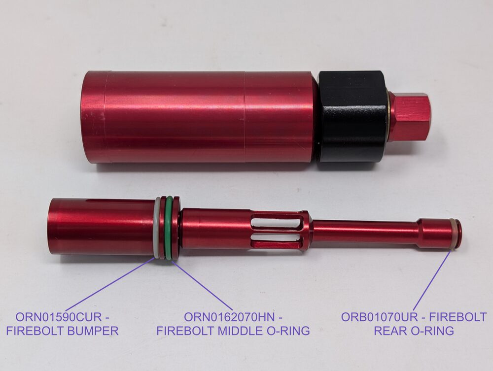 Firebolt o-ring inspection points — bumper, middle, and rear o-rings — shown next to the fire chamber it seats in