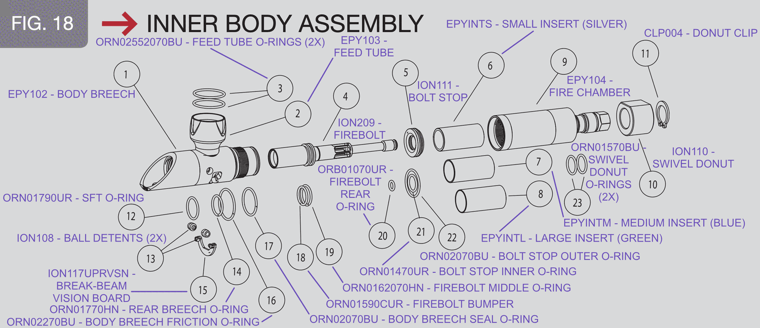 Inner body assembly, o-ring locations labeled — from the official Smart Parts Epiphany manual