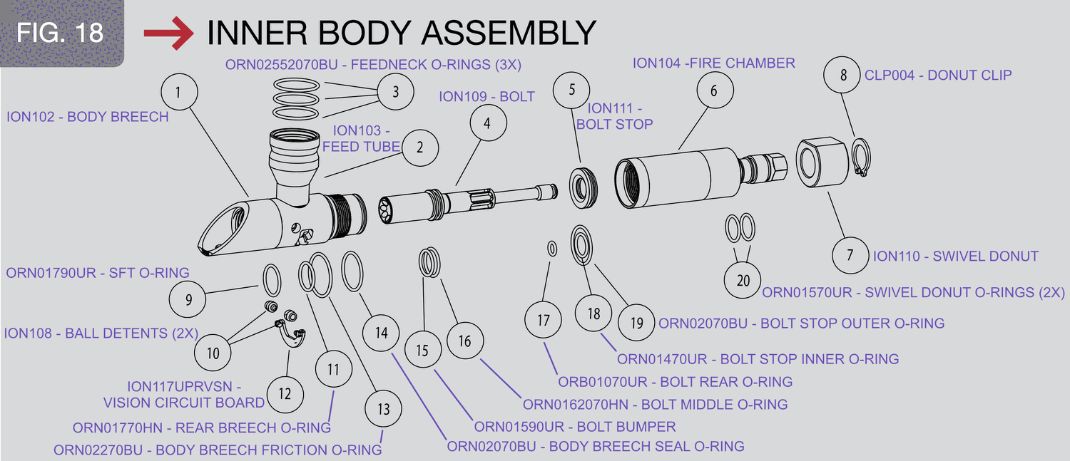 Inner body assembly, o-ring locations labeled — from the official Smart Parts Ion manual