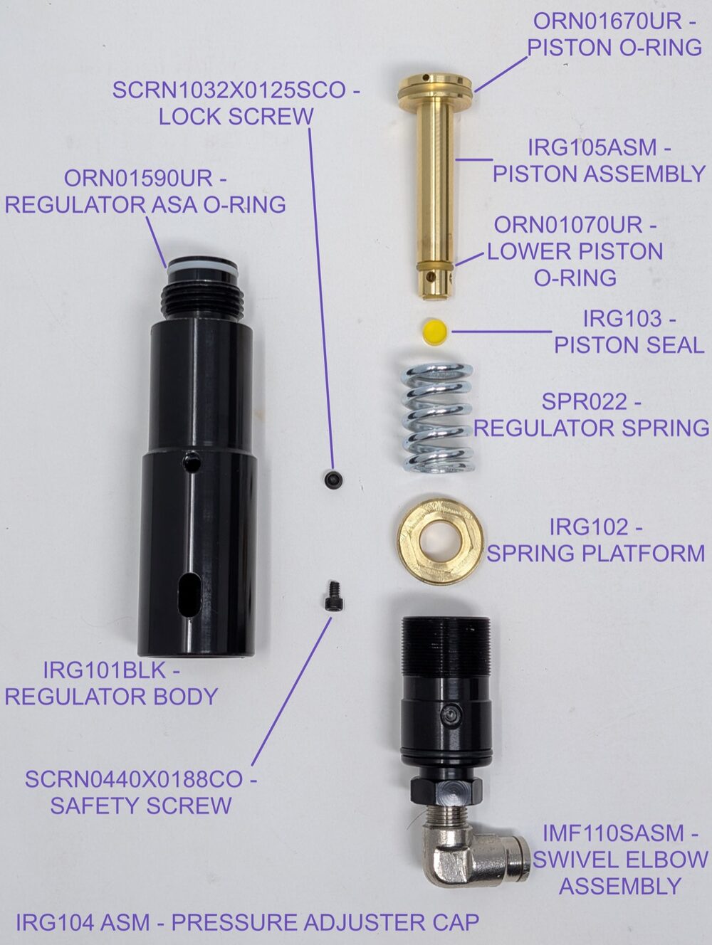 Regulator fully disassembled — body, lock screw, safety screw, piston assembly, spring, spring platform, and pressure adjuster cap laid out in order