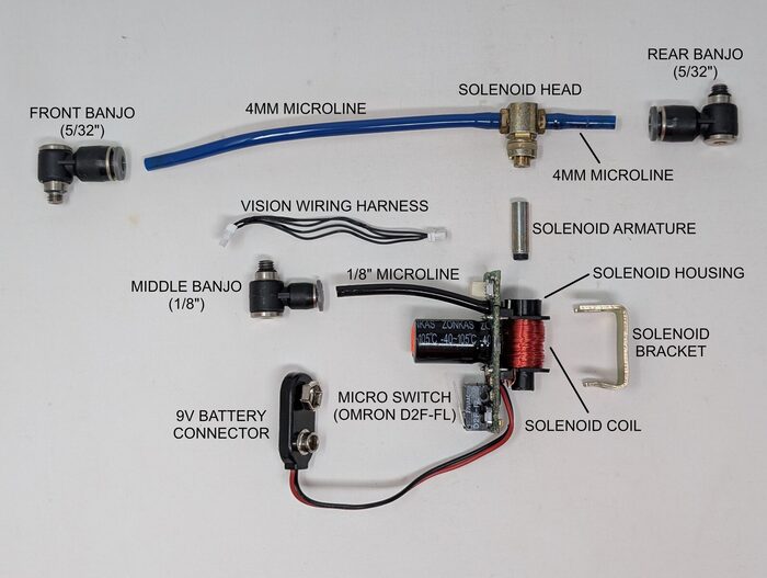 Labeled solenoid assembly, fully broken down — banjo fittings, LP hose, Vision wiring harness, solenoid head, coil, housing, armature, bracket, trigger microswitch, and 9V battery connector